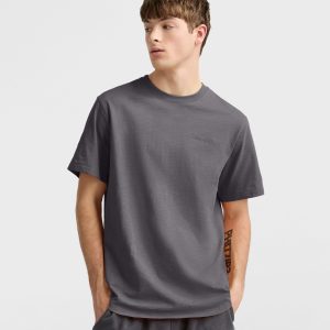Curved Hem Slub T-Shirt. Embroidered Script