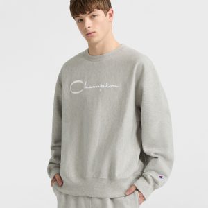 Reverse Weave Crewneck Sweatshirt. White Vintage Script Logo