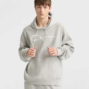 Reverse Weave Hoodie. White Vintage Script Logo